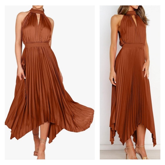 Caramel Brown Sleeveless Pleated Skirt Asymmetrical Hem Satin Look Midi Dress - Picture 1 of 2